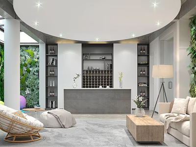 Modern Basement Interior Design With Wine Racks Comfy Sofa Green Plants And Round Ceiling Lights 3d model