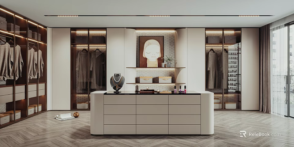 Modern Walk in Closet Design Featuring White Cabinets Glass Doors Marble Countertop and Clothing Racks 3d model 