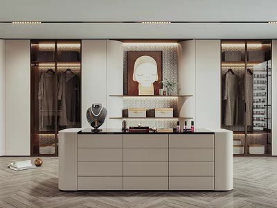 Modern Walk in Closet Design Featuring White Cabinets Glass Doors Marble Countertop and Clothing Racks 3d model