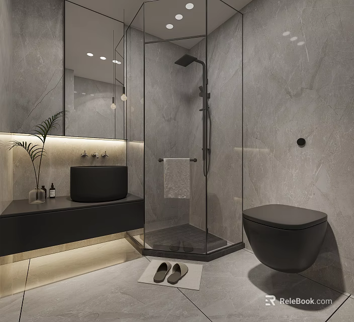 Modern Bathroom Interior With Glass Shower Black Toilet And Vanity 3d model 