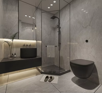 Modern Bathroom Interior With Glass Shower Black Toilet And Vanity 3d model