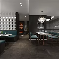 Modern Restaurant Interior With Glass Partition Green Plant And Pendant Lights