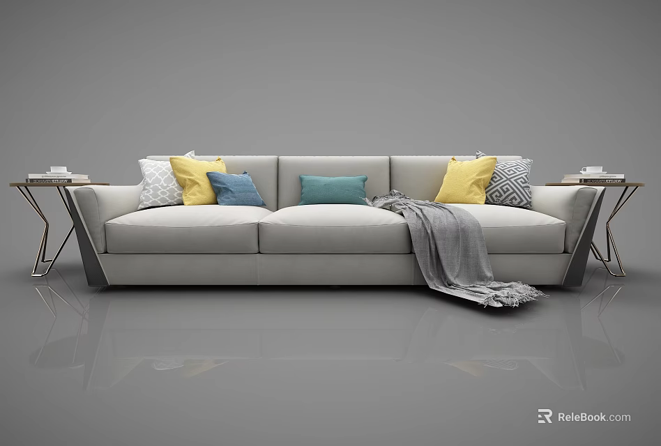 Gray Three-Seater Sofa With Colorful Pillows Throw Blanket And Side Tables 3d model