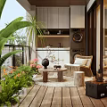 Cozy Home Balcony Design With Green Plants Flowers Wooden Flooring Rattan Chair Small Coffee Table