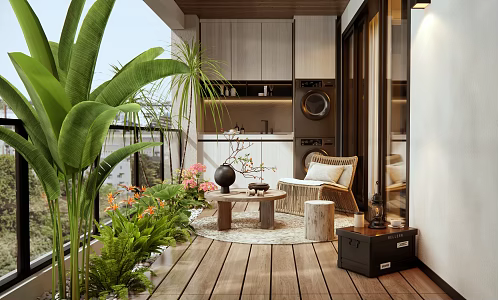 Modern Home Balcony Outdoor Table and Chair Washing Machine Cabinet Flowers and Plants Flower Border Plants Pile Glass Guardrail 3d model