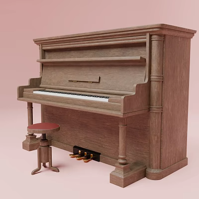 Wooden Upright Piano With Stool Classic Musical Instrument For Home Decor 3d model