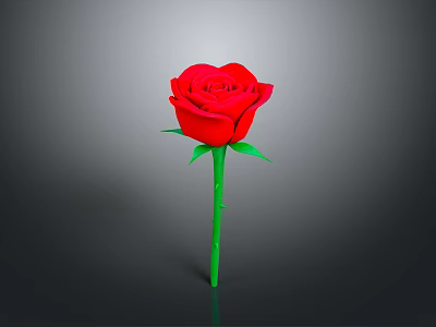 Vibrant Red Rose Plant with Green Stem and Fresh Leaves on Gray Background 3d model