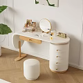 Modern White Wooden Dressing Table With Round Mirror Cosmetics Drawers White Stool And Green Plant