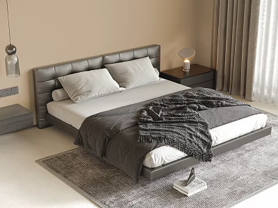 Modern Double Bed With Leather Headboard Two Pillows Gray Blanket Nightstand Bedside Lamp And Curtains 3d model