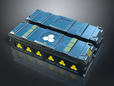 Durable Blue Technical Containers With Yellow Radioactive Symbols And Metallic Structure 3d model