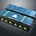 Durable Blue Technical Containers With Yellow Radioactive Symbols And Metallic Structure