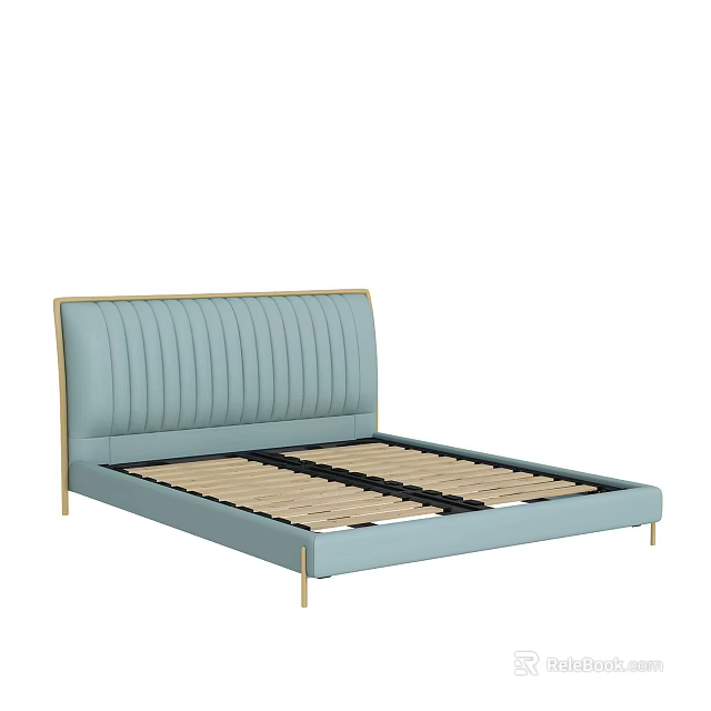 Modern Light Blue Double Bed With Vertical Tufted Headboard And Golden Frame 3d model 