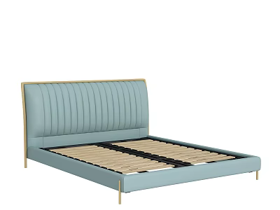 Modern Light Blue Double Bed With Vertical Tufted Headboard And Golden Frame 3d model