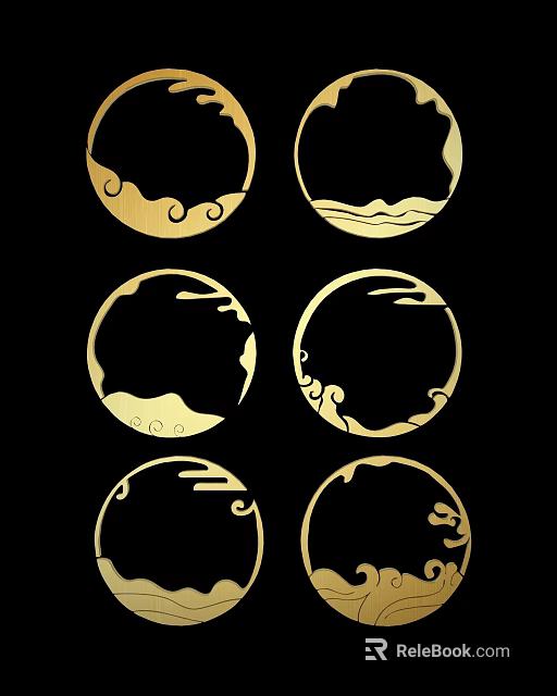 Golden Circular Wall Decor With Traditional Cloud And Wave Patterns On Black Background 3d model 
