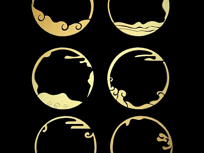 Golden Circular Wall Decor With Traditional Cloud And Wave Patterns On Black Background 3d model