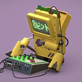 Retro Gaming Console Style Yellow Robot With Green 8 Bit Display Purple Buttons Control Box