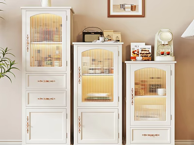 White Sideboard With Glass Doors In Dining Room Interior With Potted Plant And Coffee Maker 3d model