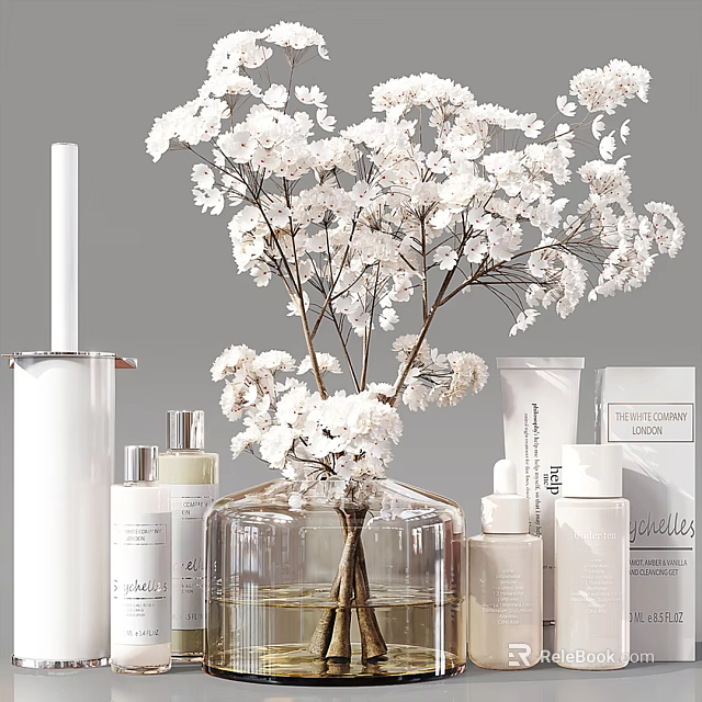 Elegant Perfume Cosmetics Display With White Flower Bouquet Clear Glass Vase And Skincare Bottles 3d model 
