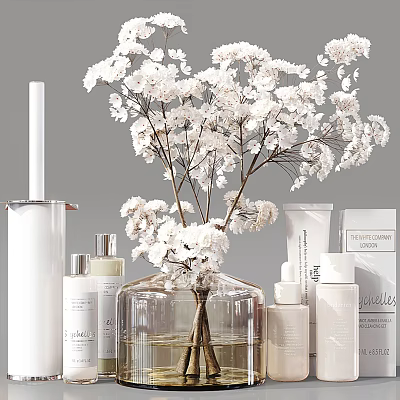Elegant Perfume Cosmetics Display With White Flower Bouquet Clear Glass Vase And Skincare Bottles 3d model