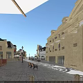 European Style Commercial Street With Beige Buildings Stone Paved Road Benches Street Lamps And Shops