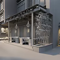 Traditional Brick Restaurant Exterior With Wooden Terrace Green Plants And Lanterns
