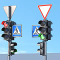 Traffic Lights With Blue Zebra Crossing Signs And Triangular Warning Sign 3d model