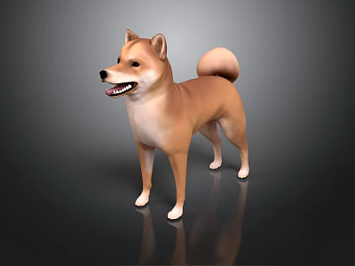 Brown Shiba Inu Standing With Curled Tail On Dark Reflective Surface 3d model