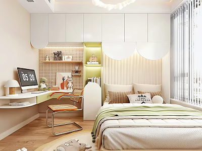 Cozy Modern Kids Room With Study Desk Bookshelf Bright Window And Soft Bedding Decor 3d model