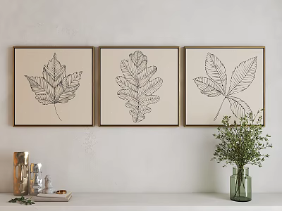 Three Gold Framed Botanical Prints With Leaf Designs For Home Wall Decor 3d model