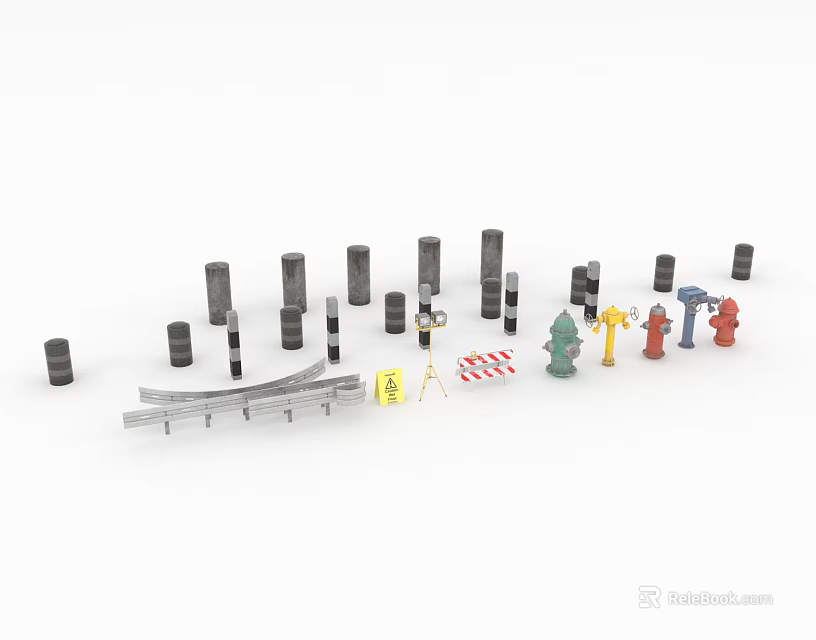 Various Types of Fire Equipment Including Fire Hydrants Extinguishers Pipes Warning Signs and Barriers 3d model 