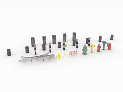 Various Types of Fire Equipment Including Fire Hydrants Extinguishers Pipes Warning Signs and Barriers 3d model