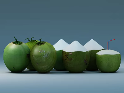 Fresh Green Coconuts Displayed Whole and Husked with White Flesh and Straw 3d model