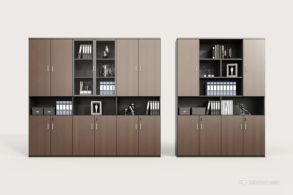 Modern Brown Wooden Bookcase With Doors And Open Shelves For Books And Decorations 3d model 