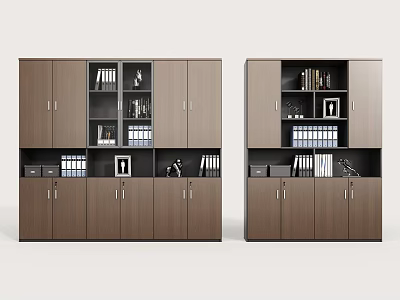 Modern Brown Wooden Bookcase With Doors And Open Shelves For Books And Decorations 3d model