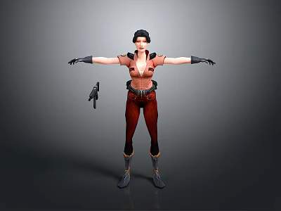 3D Female Character With Short Black Hair Pink Top Red Pants Gun And Outstretched Arms 3d model