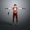 3D Female Character With Short Black Hair Pink Top Red Pants Gun And Outstretched Arms