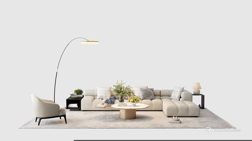 Light Colored Sofa Coffee Table Set With Throw Pillows Green Plants And Floor Lamp 3d model