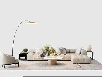 Light Colored Sofa Coffee Table Set With Throw Pillows Green Plants And Floor Lamp 3d model