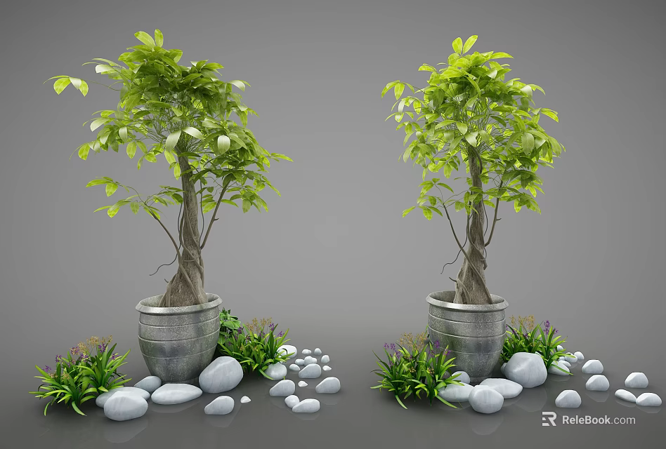 Bonsai Trees In Decorative Metal Pots With Small Stones And Grass 3d model 