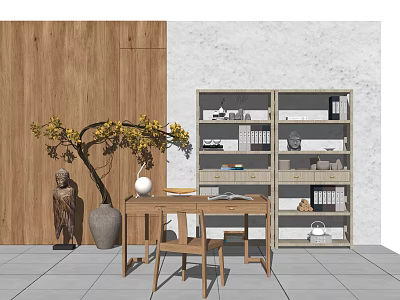 Wooden Desk Interior With Bookshelf Yellow Flowers Vase Statue And Wooden White Walls Gray Floor 3d model