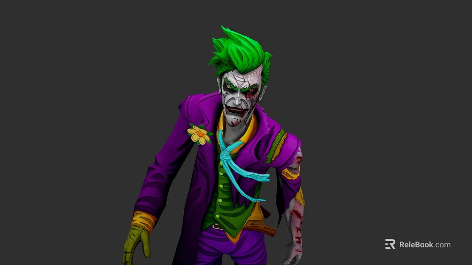 Game Movie Character With Green Hair Purple Coat Blue Tie And Scary Scarred Face 3d model 