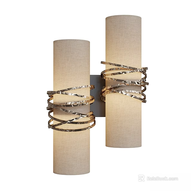 Modern Wall Sconces with Beige Fabric Shades and Gold Wavy Metal Accents 3d model 