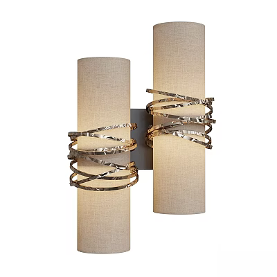 Modern Wall Sconces with Beige Fabric Shades and Gold Wavy Metal Accents 3d model