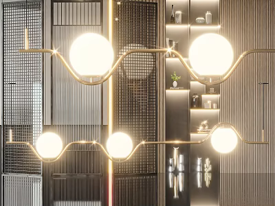Modern Chandelier with Circular LED Bulbs and Curved Gold Frame in Interior 3d model
