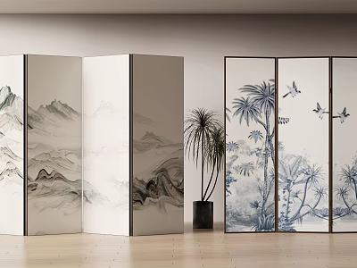 Traditional Chinese Room Divider With Landscape Bamboo And Bird Patterns For Interior Decor 3d model
