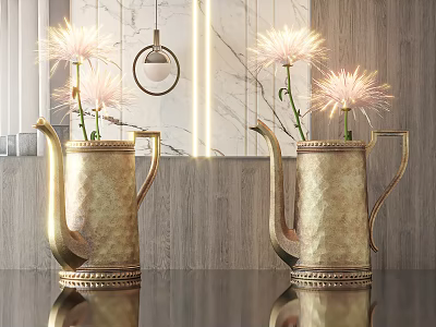 Elegant Gold Textured Kettle Shaped Vases with Pink Flowers on Wooden Marble Background 3d model