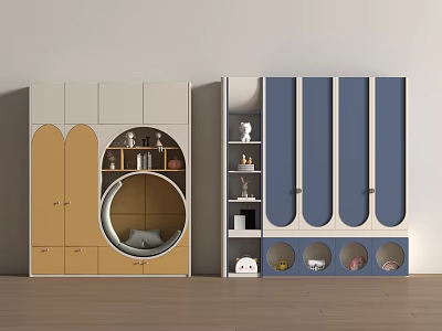 Modern Kids Room Wardrobe Featuring Blue Doors Yellow Cabinet Round Window Storage Space Dolls Books 3d model