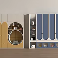 Modern Kids Room Wardrobe Featuring Blue Doors Yellow Cabinet Round Window Storage Space Dolls Books