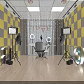 Public Office Space Featuring Yellow Gray Checkered Walls Neon Lights Photography Umbrellas And Wooden Floor