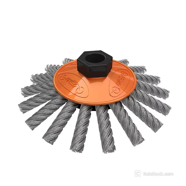 Industrial Steel Wire Brush Wheel With Orange Base And Black Hexagonal Nut 3d model 
